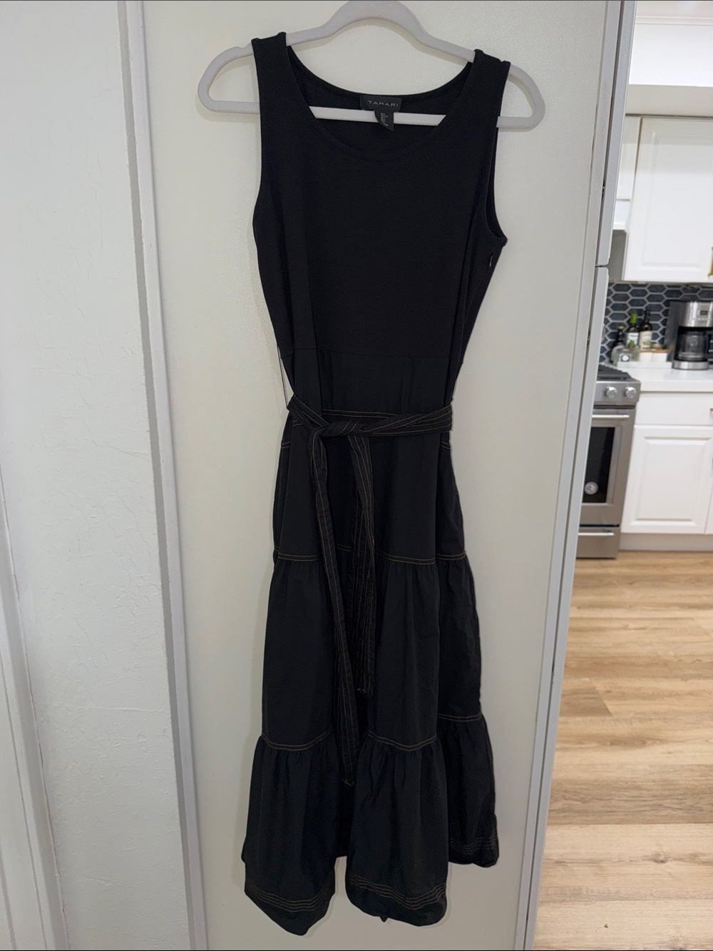 Tahari Black Sleeveless Tiered Midi Dress with Waist Tie | L